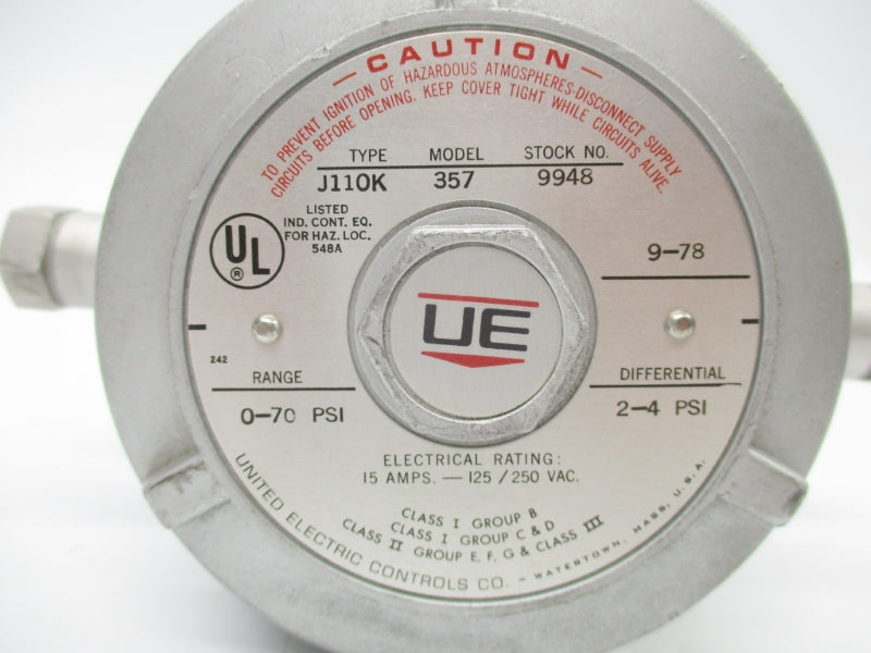UNITED ELECTRIC J110K-357-9948 125/250VAC 15A 0-70PSI NSNP