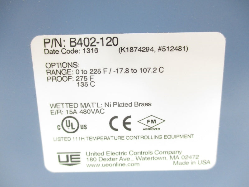UNITED ELECTRIC B402-120 480VAC 15A 0-225'F NSMP