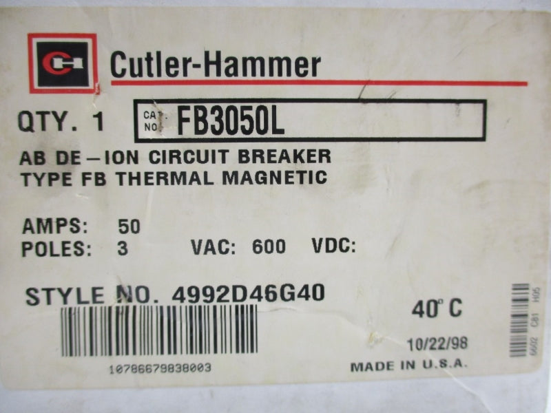 CUTLER HAMMER FB3050L 600VAC 50A NSMP