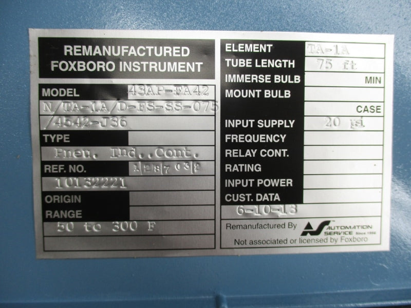 FOXBORO 43AP-FA42-N/TA-1A/D-FS-SS-075/4542-J36 50-300'F NSNP