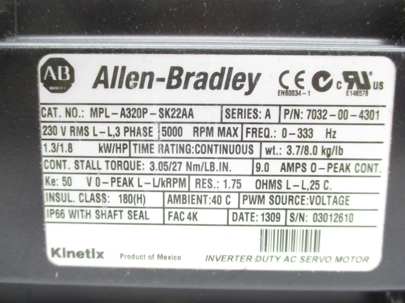 ALLEN BRADLEY MPL-A320P-SK22AA SER. A 7032-00-4301 230V 9.0A NSNP