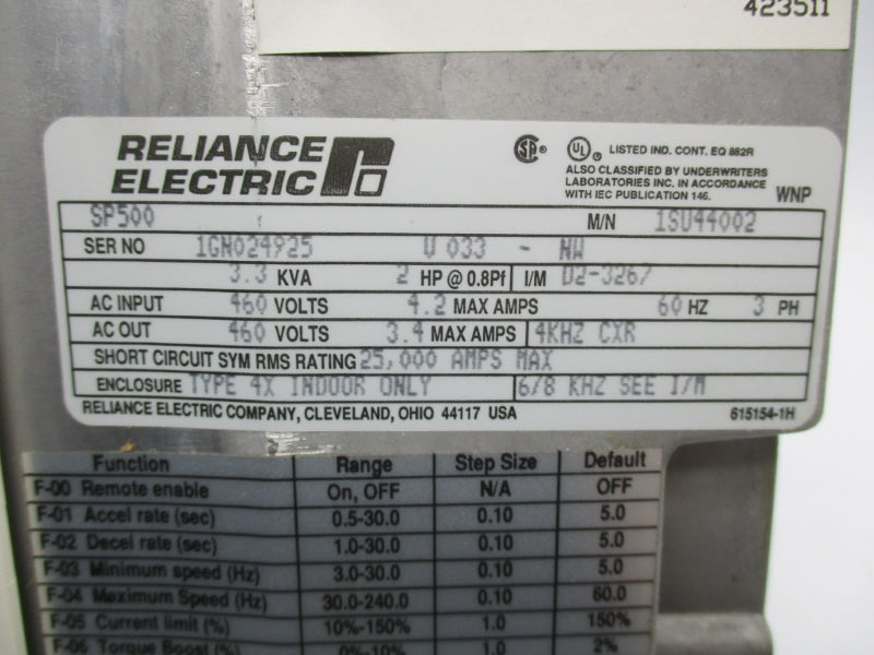 RELIANCE ELECTRIC 1SU44002 SP500 460VAC 4.2A NSNP