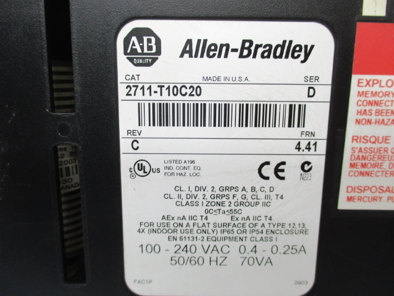 ALLEN BRADLEY 2711-T10C20 SER. D F/W 4.41 100-240VAC 0.4-0.25A UNMP