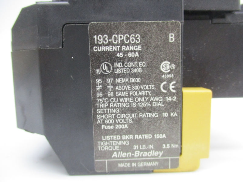 ALLEN BRADLEY 193-CPC63 SER. B 600V 45-60A (WH/YL) NSMP