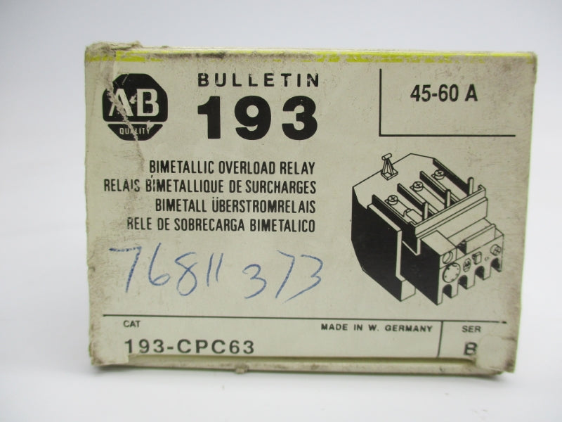 ALLEN BRADLEY 193-CPC63 SER. B 600V 45-60A (WH/YL) NSMP