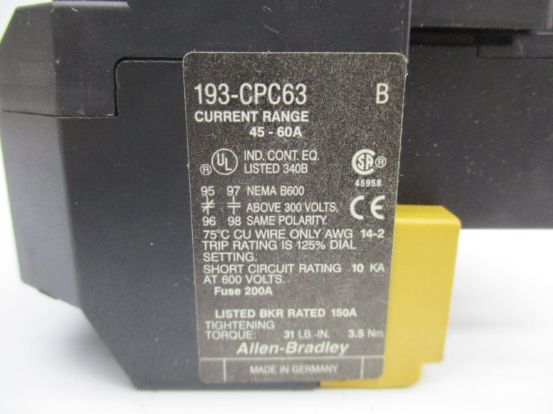 ALLEN BRADLEY 193-CPC63 SER. B 600V 45-60A NSNP