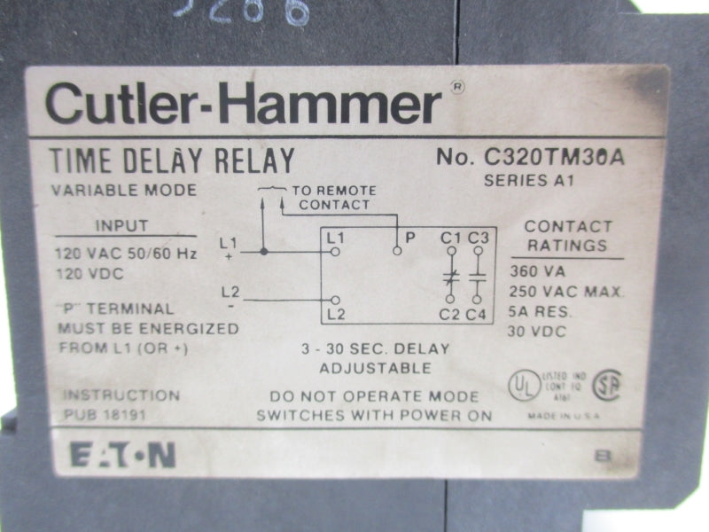 CUTLER HAMMER C320TM30A SER. A1 120VAC 3-30S NSNP