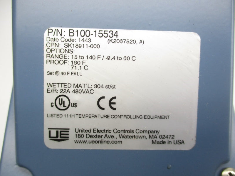 UNITED ELECTRIC B100-15534 480VAC 22A 15-140'F NSMP