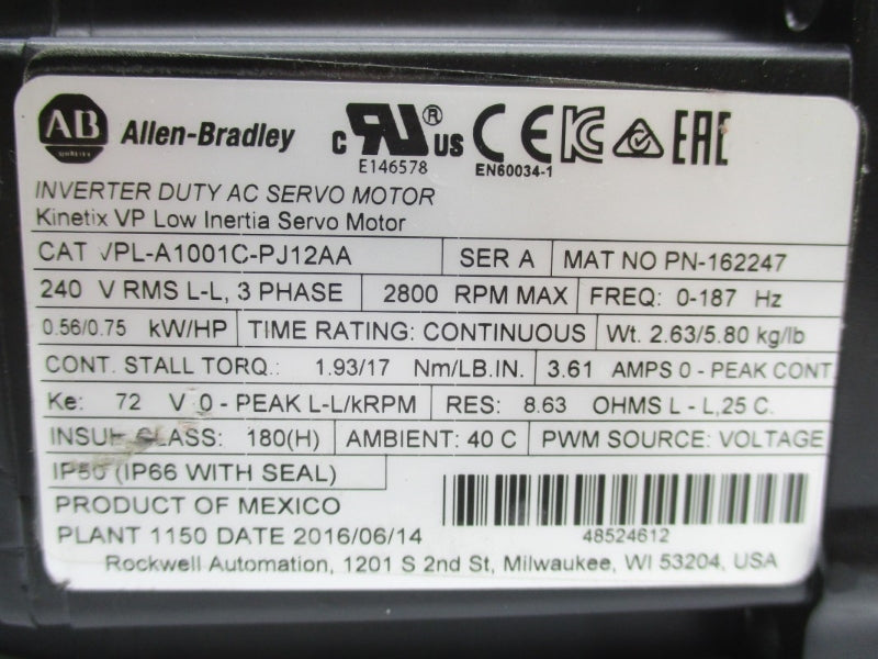 ALLEN BRADLEY VPL-A1001C-PJ12AA SER. A 240V 3.61A NSNP