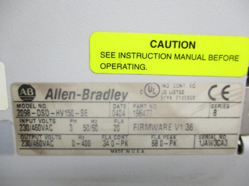 ALLEN BRADLEY 2098-DSD-HV150-SE SER. B F/W V1.36 230/460VAC UNMP