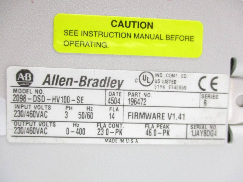 ALLEN BRADLEY 2098-DSD-HV100-SE SER. B F/W V1.41 230/460VAC 14A UNMP
