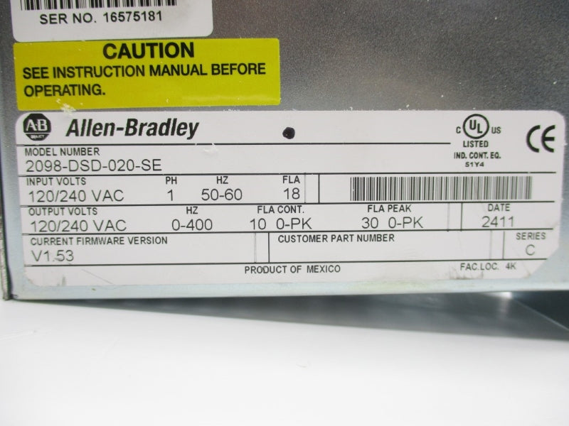 ALLEN BRADLEY 2098-DSD-020-SE SER. C F/W V1.53 120/240VAC 18A NSMP