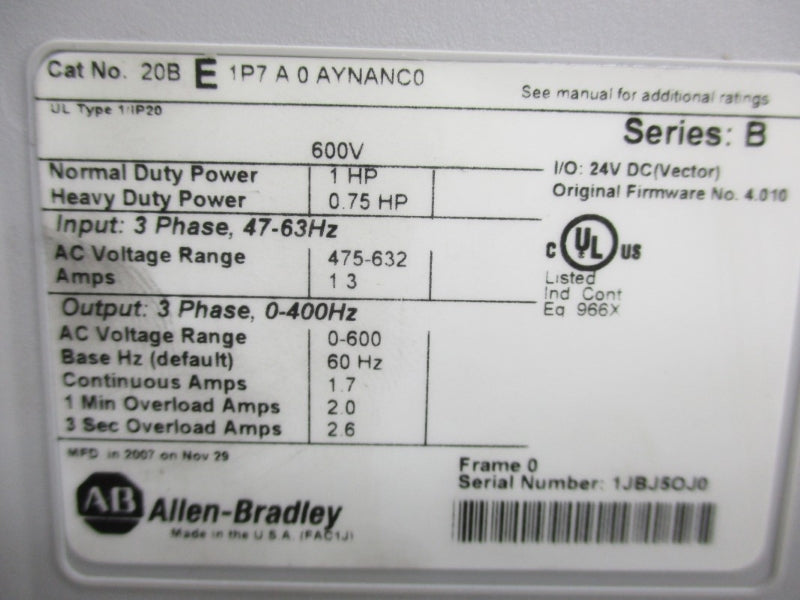 ALLEN BRADLEY 20BE1P7A0AYNANC0 SER. B F/W 4.010 600V UNMP