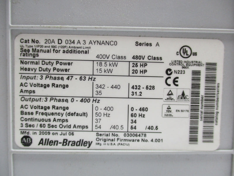 ALLEN BRADLEY 20AD034A3AYNANC0 SER. A F/W 4.001 432-528VAC 31.2A UNMP