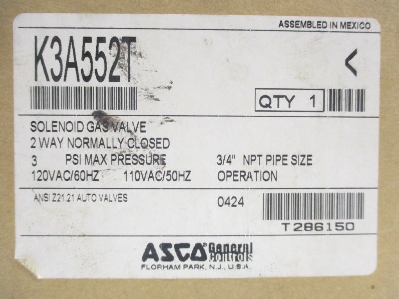 ASCO K3A552T 110/120V .150A 3PSI 3/4" NSMP