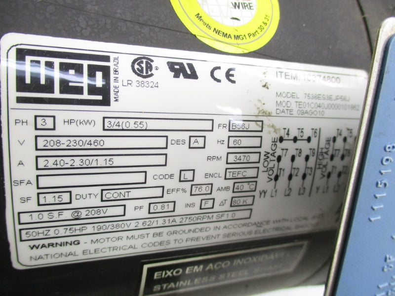 WEG TE01C040J0000101862 208-230/460V 2.40-2.30/1.15A NSNP