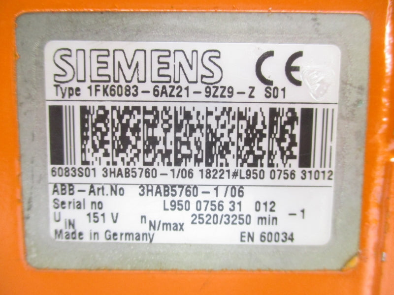 SIEMENS 1FK6083-6AZ21-9ZZ9-ZS01 3HAB5760-1/06 151V UNMP
