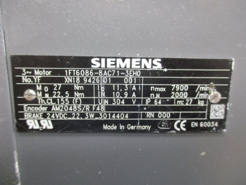 SIEMENS 1FT6086-8AC71-3EH0 304V 10.9/11.3A NSNP