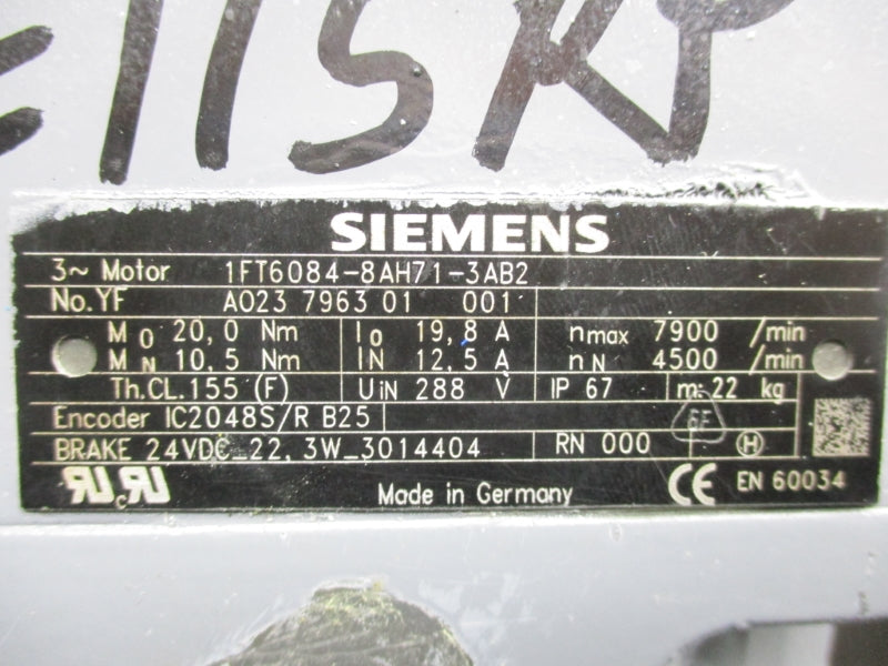 SIEMENS 1FT6084-8AH71-3AB2 288V 19.8A NSNP
