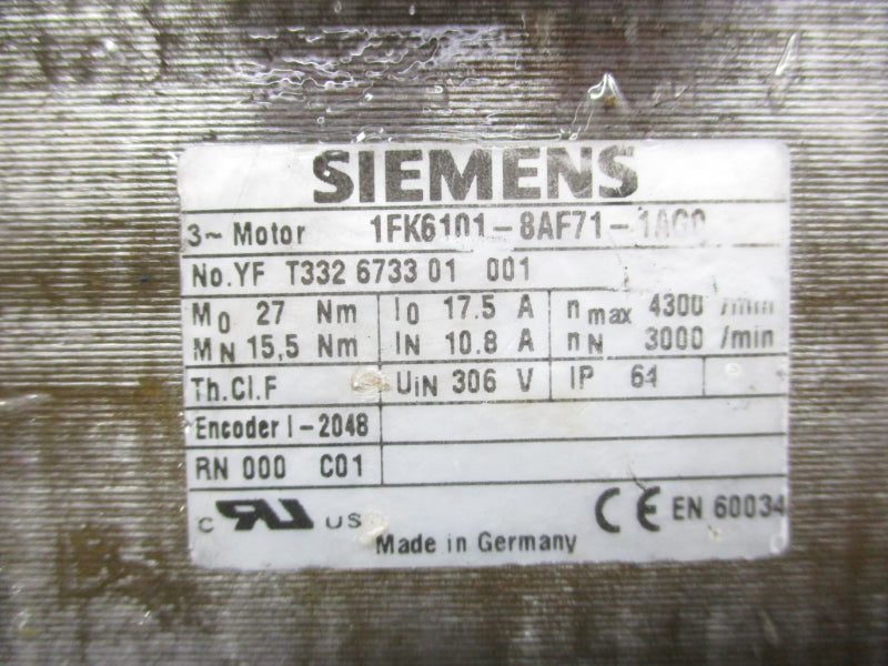 SIEMENS 1FK6101-8AF71-1AG0 306V 17.5A UNMP