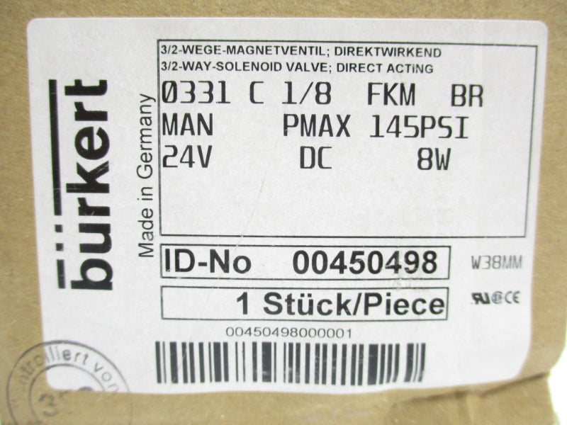 BURKERT 0331C1/8FKMBR 00450498 24VDC 145PSI NSMP