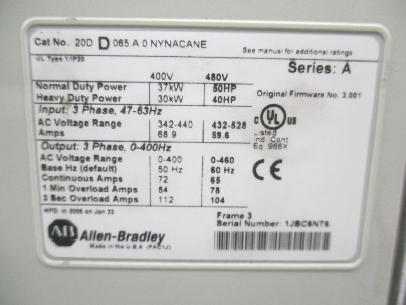 ALLEN BRADLEY 20DD065A0NYNACANE SER. A F/W 3.001 400-480VAC UNMP