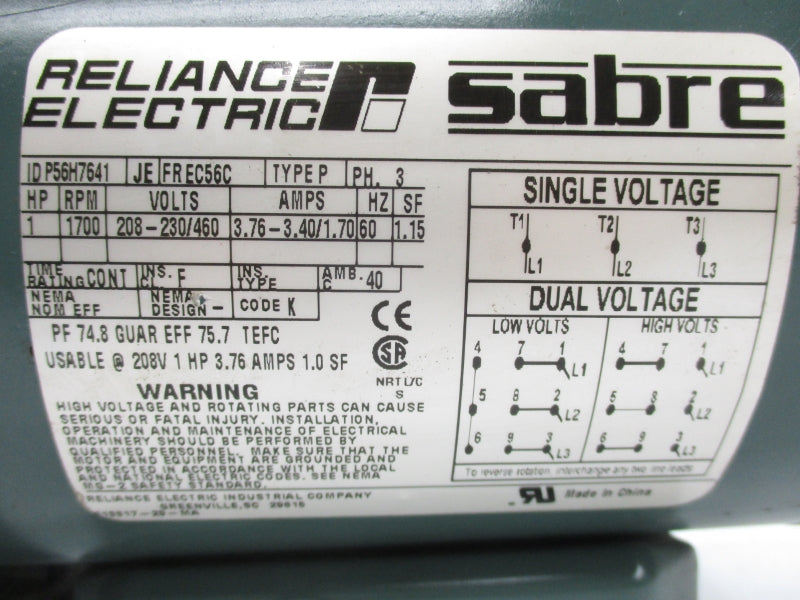 RELIANCE ELECTRIC P56H7641 208-230/460V 3.76-3.40/1.70A NSNP