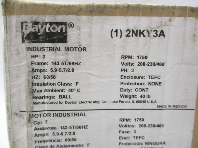 DAYTON 2NKY3A 208-230/460VAC 5.9-5.7/2.8A NSFS