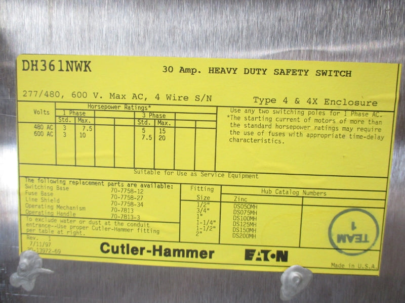 CUTLER HAMMER DH361NWK 600VAC 30A UNMP