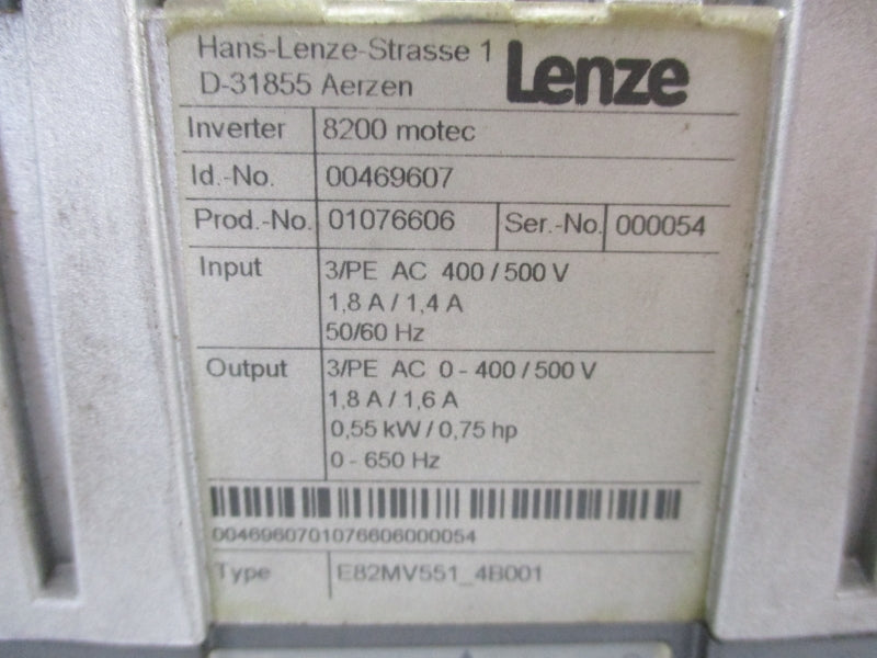 LENZE E82MV551_4B001 W/MDEMA1M071-32 400/500VAC 1.8/1.4A UNMP