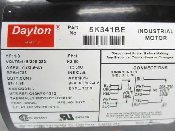 DAYTON 5K341BE 115/208-230V 7.7/3.9-3.9A NSNP