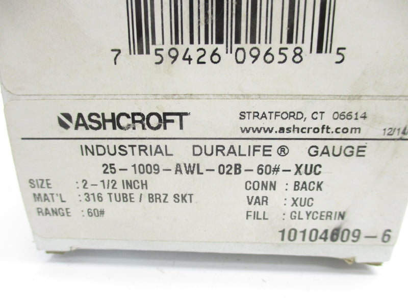 ASHCROFT 25-1009-AWL-02B-60#-XUC 0-60PSI 2-1/2" NSMP