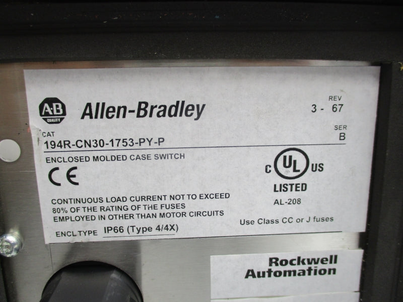 ALLEN BRADLEY 194R-CN30-1753-PY-P SER. B 600VAC 30A NSNP