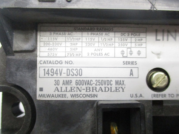 ALLEN BRADLEY 1494V-DS30 SER. A 600VAC 30A (AS PICTURED3) NSNP