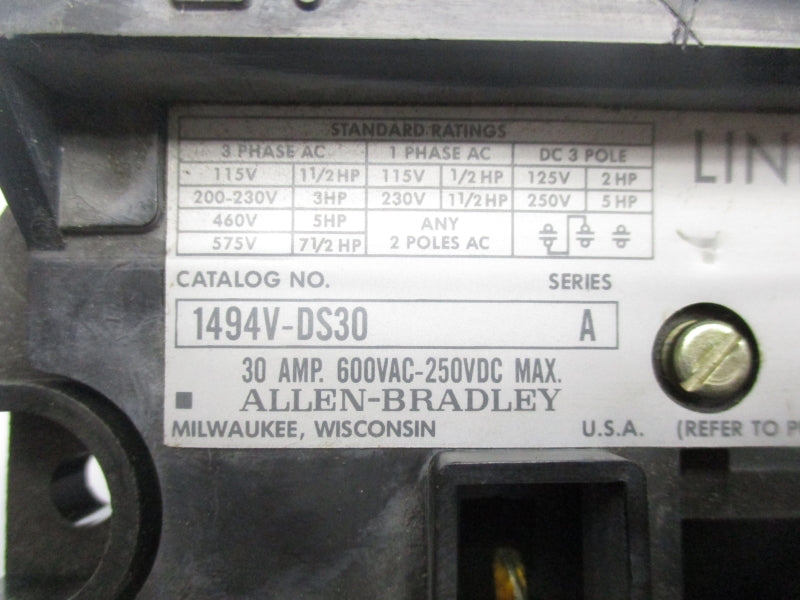 ALLEN BRADLEY 1494V-DS30 SER. A 600VAC 30A (AS PICTURED3) NSNP