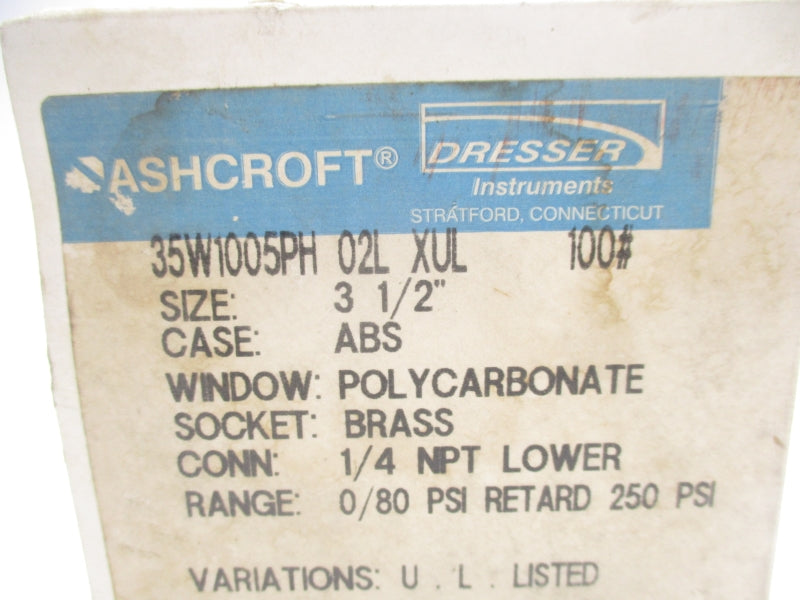 ASHCROFT 35W1005PH-02L-XUL-100# 0/80PSI 250PSI 3-1/2" NSMP