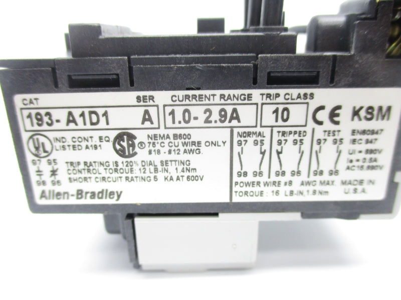 ALLEN BRADLEY 193-A1D1 SER. A 690V 1.0-2.9A NSNP