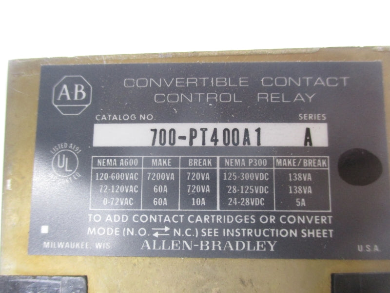 ALLEN BRADLEY 700-PT400A1 SER. A 120V 60A 0.1-6.0S UNMP