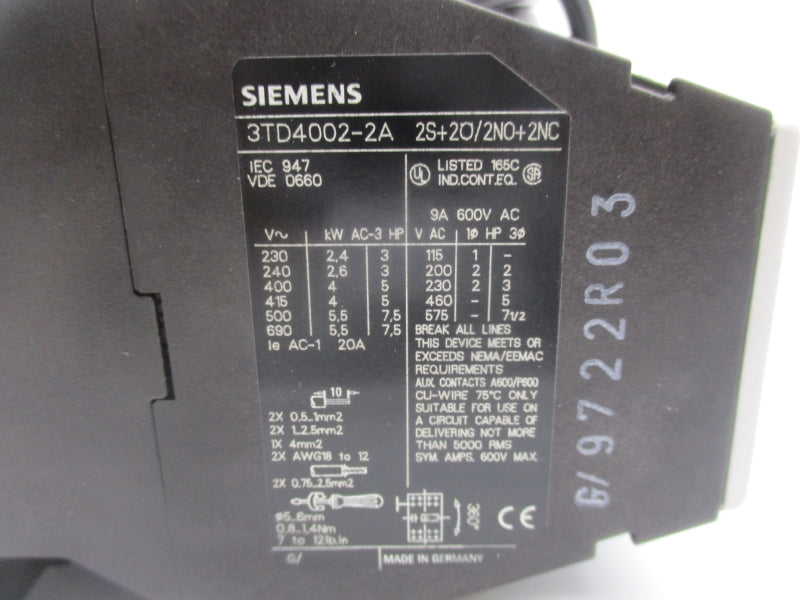 SIEMENS 3TD4002-2A 110/120V 9A NSNP