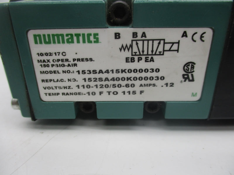 NUMATICS 153SA415K000030 110-120V .12A 150PSI -10-115'F NSNP