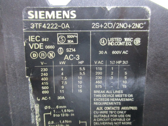 SIEMENS 3TF4222-0A 110/120V 30A UNMP