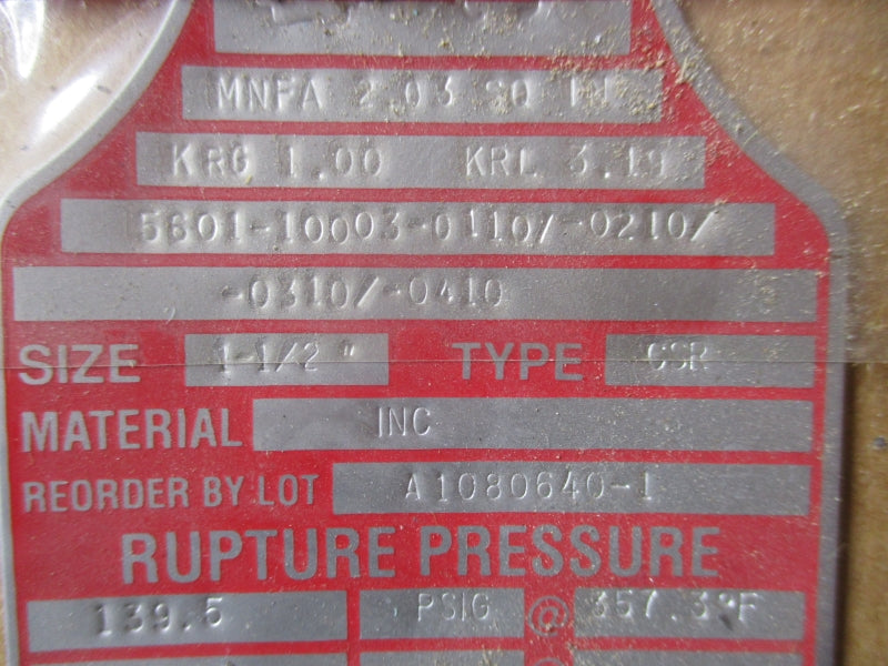 BS&S SAFETY SYSTEMS A1080640-1 139.5PSI 357.3'F 1-1/2" NSMP