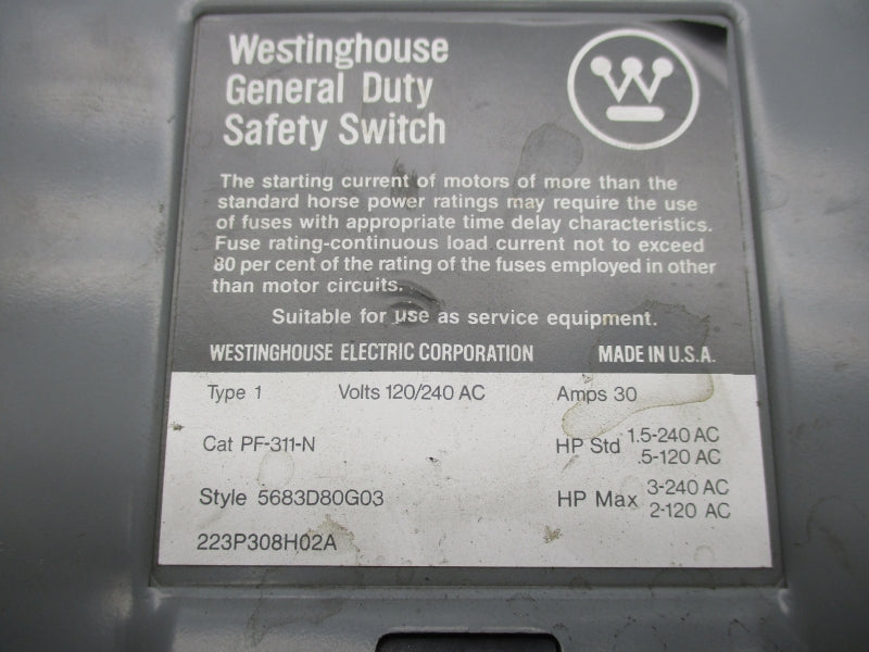 WESTINGHOUSE PF-311-N 120/240VAC 30A UNMP