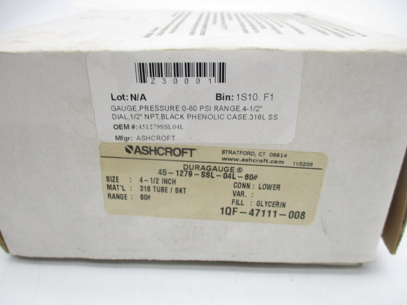 ASHCROFT 45-1279-SSL-04L-60# 60PSI 4-1/2" NSMP