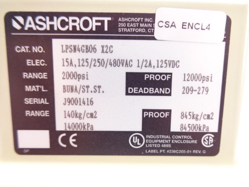 ASHCROFT LPSN4GB06X2C 480VAC 15A 2000PSI NSMP