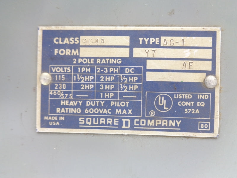 SQUARE D 9038AG-1 600VAC (AS PICTURED) NSNP