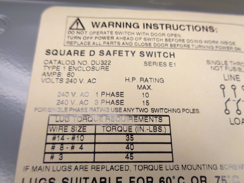 SQUARE D DU322 SER. E1 240VAC 60A UNMP