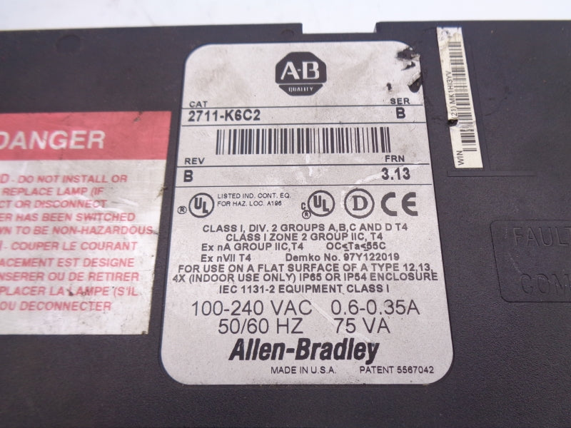 ALLEN BRADLEY 2711-K6C2 SER. B F/W 3.13 100-240VAC 0.6-0.35A UNMP