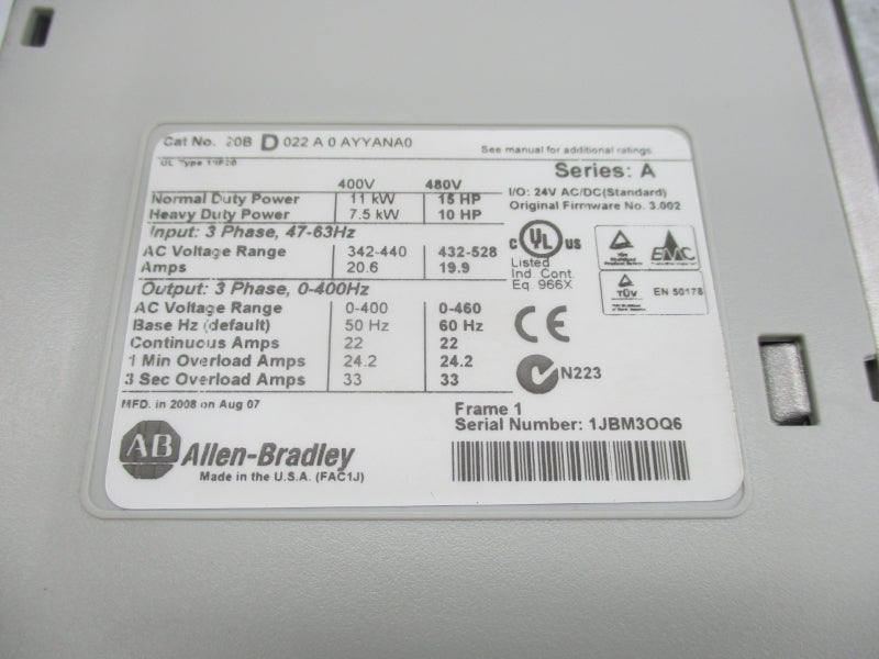 ALLEN BRADLEY 20BD022A0AYYANA0 SER. A F/W 3.002 432-528V 19.9A NSMP