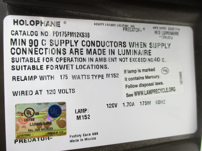 HOLOPHANE PD175PM12KS3B 120V 1.7A NSMP